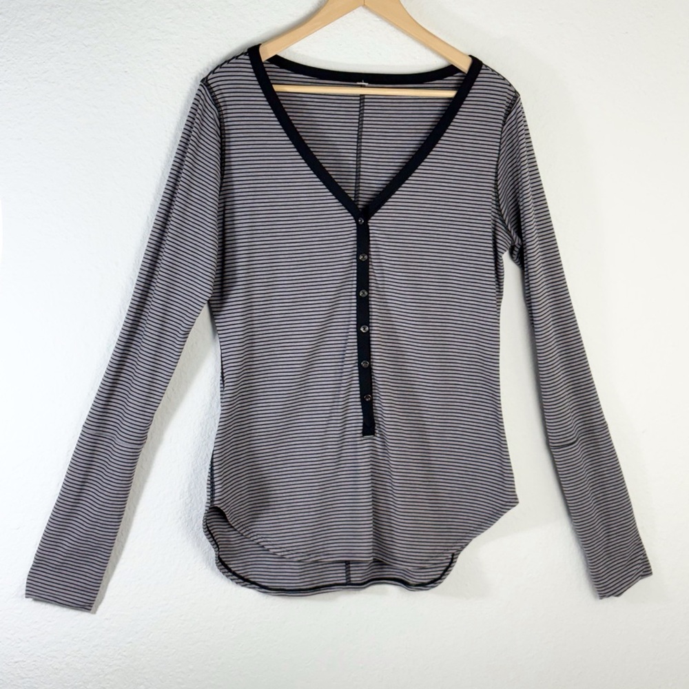 Lululemon Black Heather Gray Striped V Neck Button Henley